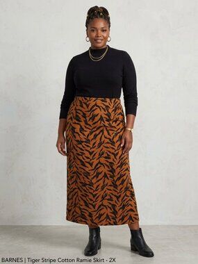 Maggie Barnes Animal Print Maxi-Midi Skirt Cotton Ramie 2X Workwear Academia